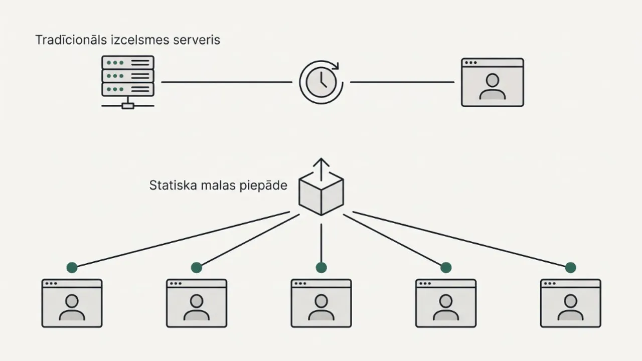 Diagramma, kas salīdzina tradicionālu izcelsmes serveri ar aizkavi pret statisku malas piegādi vairākiem lietotājiem vienlaicīgi