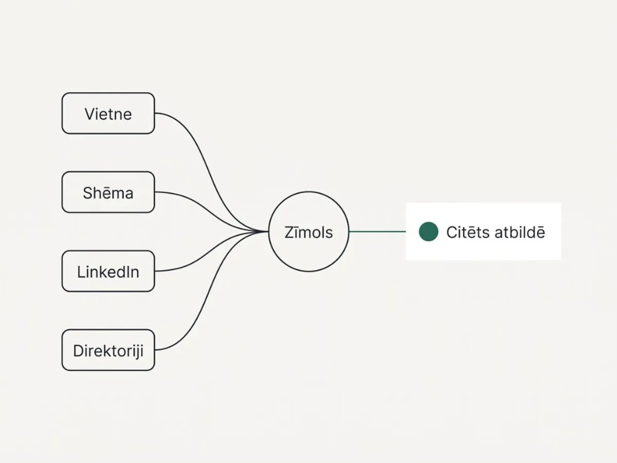 Diagramma, kas rāda, kā zīmola signāli no vietnes, shēmas, LinkedIn un direktorijiem apvienojas vienā konsekventā zīmolā, kas tiek citēts AI meklēšanas atbildēs