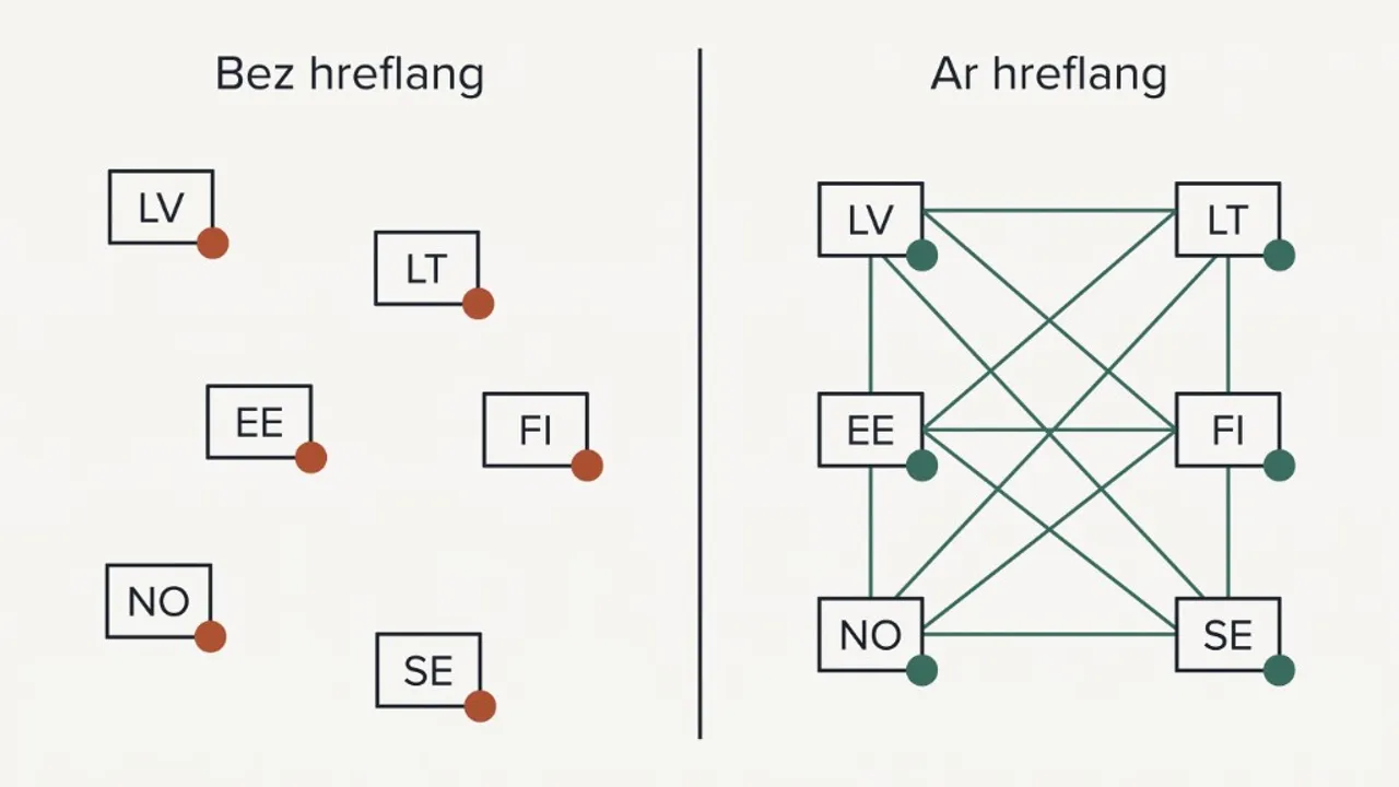 Salīdzinājuma diagramma, kas rāda sešas nesaistītas tirgus lapas bez hreflang tagiem pa kreisi pret tām pašām sešām lapām, pilnībā savstarpēji savienotām ar hreflang tagiem pa labi